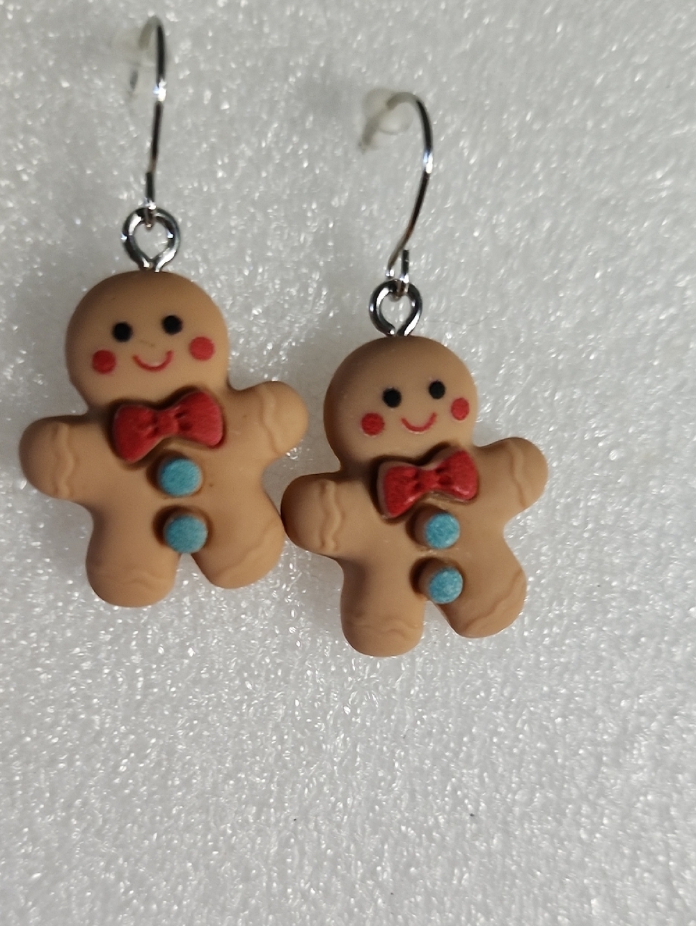 Hand Crafted Gingerbread Man Earrings with Red Bows and Blue Buttons